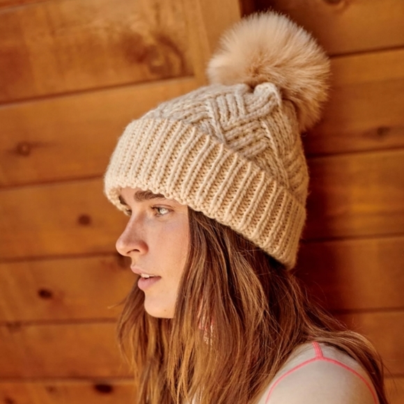 Free People Pinnacle Pom Beanie Hat Ivory Off White Pistachio Shell Wool Cream